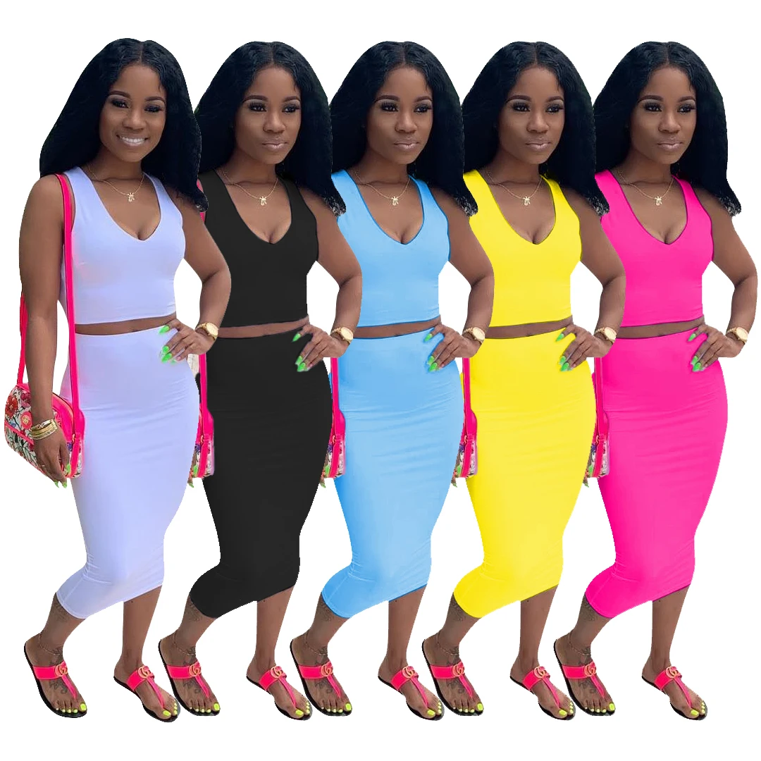 

European and American women's casual solid color sleeveless V-neck Skirt Set