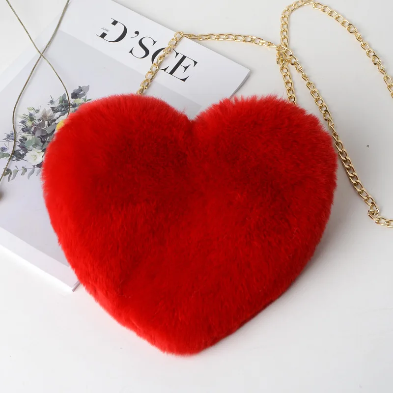 

Fashionable and lovely Plush heart-shaped bag Single shoulder slant span Bag Girl Fashion women's artificial wool bag small chan