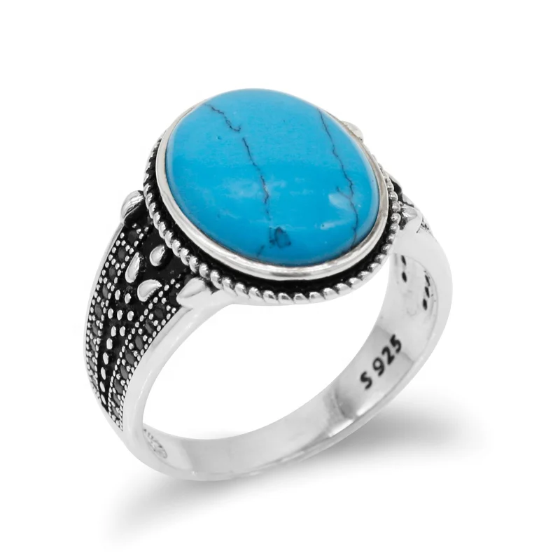 

Turkish S925 Sterling Silver Blue Turquoise Men Ring with Black CZ,Handmade White Gold Plated Rings for Man Women Engagement