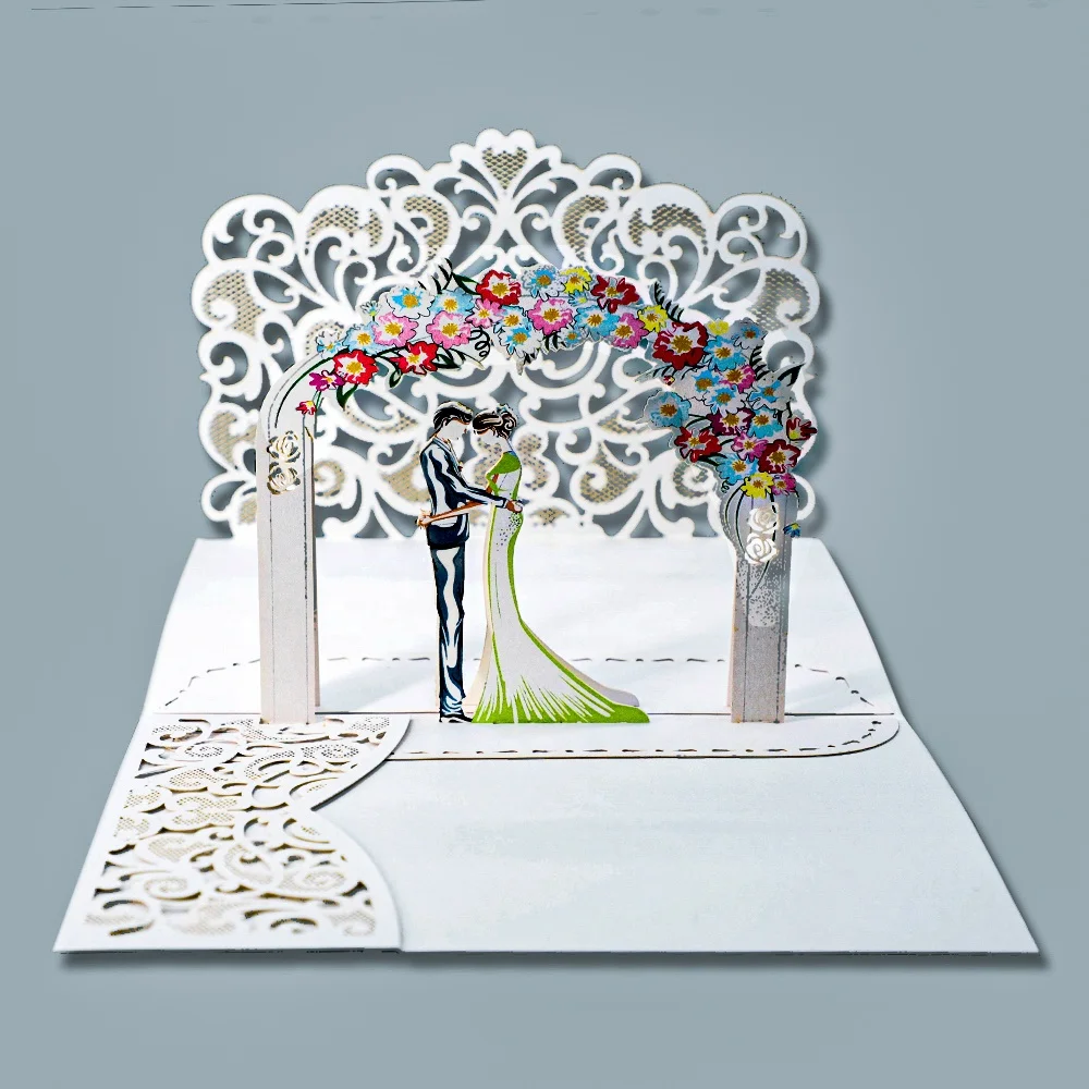 

Personalized Luxury Trifold White 3D Pop Up Paper Wedding RSVP Invitation Card with Envelope & Sticker