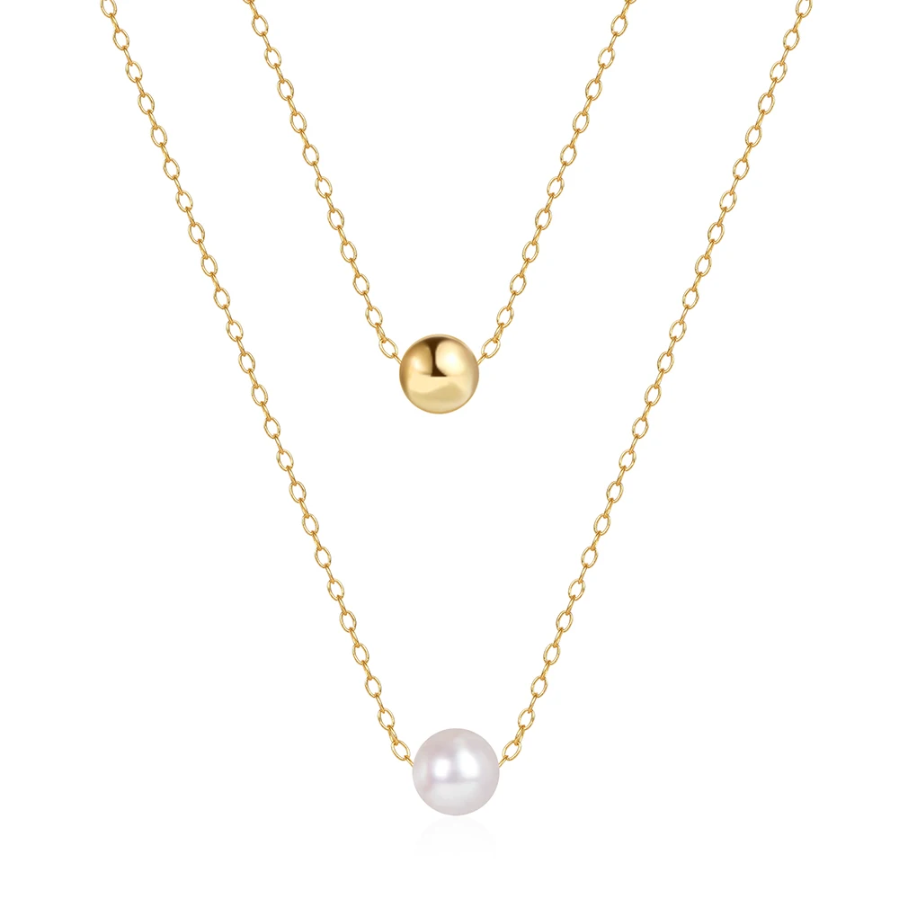 Fashion Jewelry 925 Sterling Silver Necklaces Pearl Round Bead Double Layer Chain Gold Plated Necklace for Women