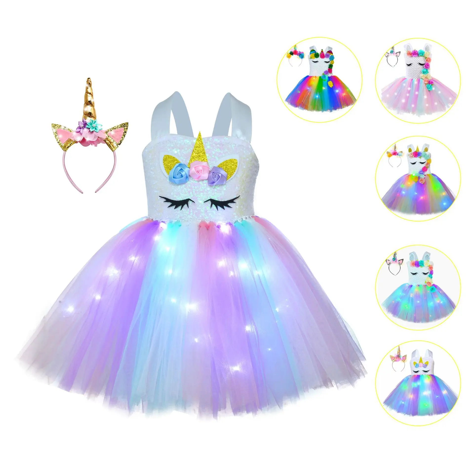 

12 Flowers Girl Costume Kids Party Princess Unicorn LED Light Tutu Dress