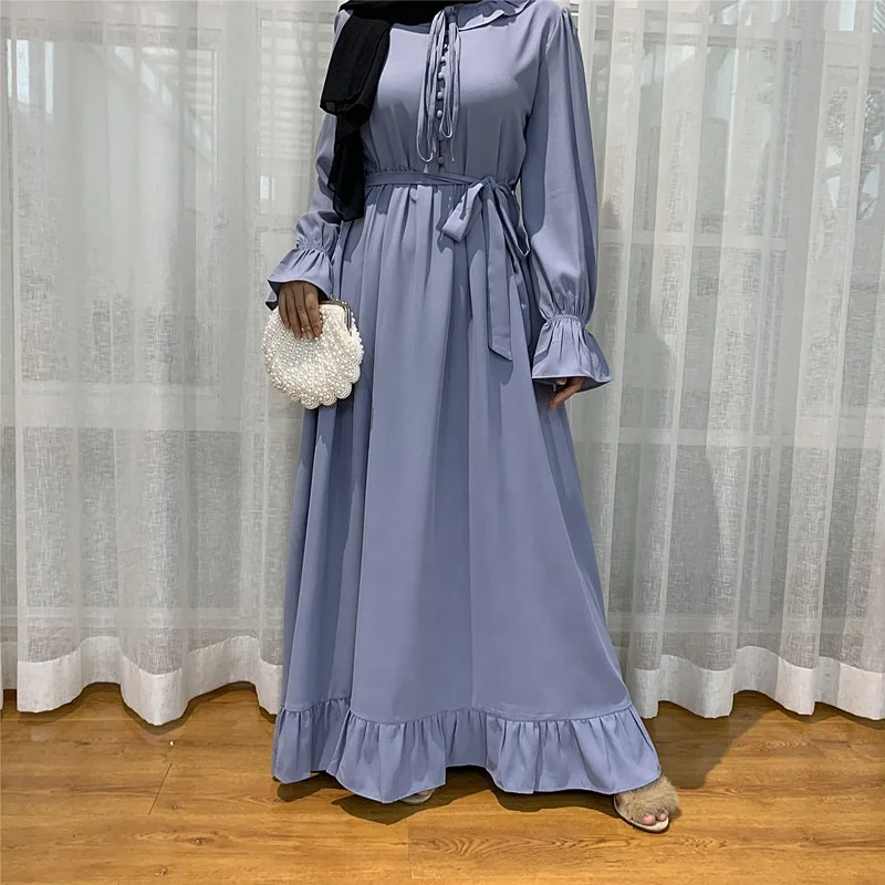 

High Quality Style Cute Dress Long Sleeve Maxi Dress Islamic Muslim Dresses For Women Pleated Abaya With Button, 6 colors