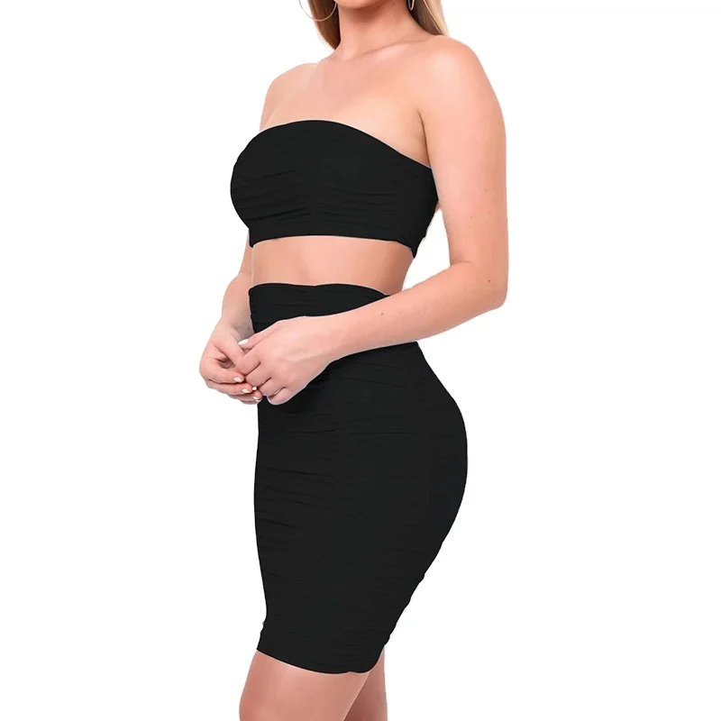 

Wholesale New Summer Women's Nightclub Sexy Tube Top Pleated Solid Color Two Piece Set, White, khaki, black, light blue