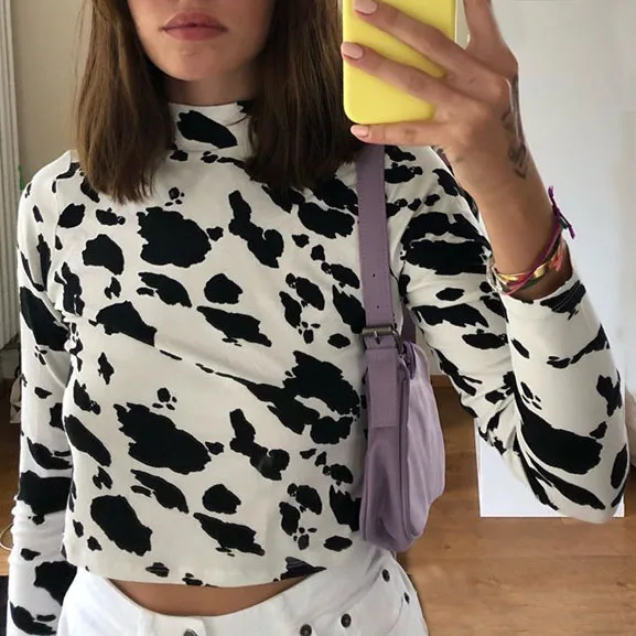 

FS1195D Fall high collar crop tops women Fashion long sleeve T shirts