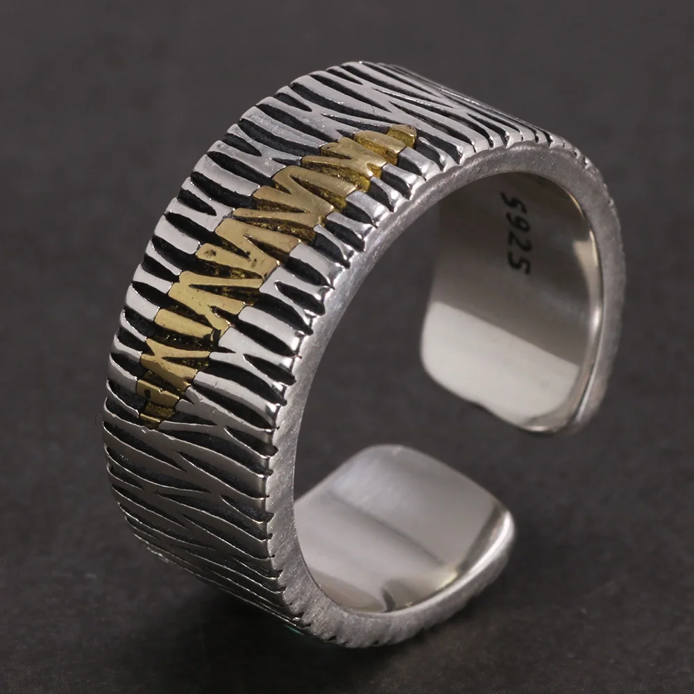 

New Arrival 3D Wood Grain Inlaid Gold Leaf Opening Rings Genuine 925 Sterling Silver Men and Women Retro Antique Jewelry