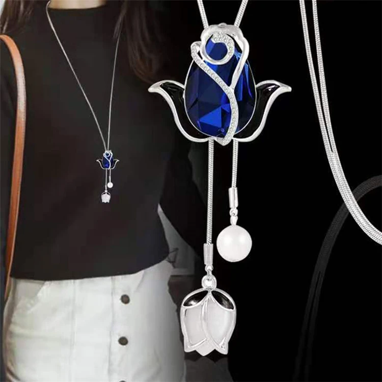 

2021 Hot Selling Silver Plated Tulip Pendant Blue And White Opal Necklace For Women