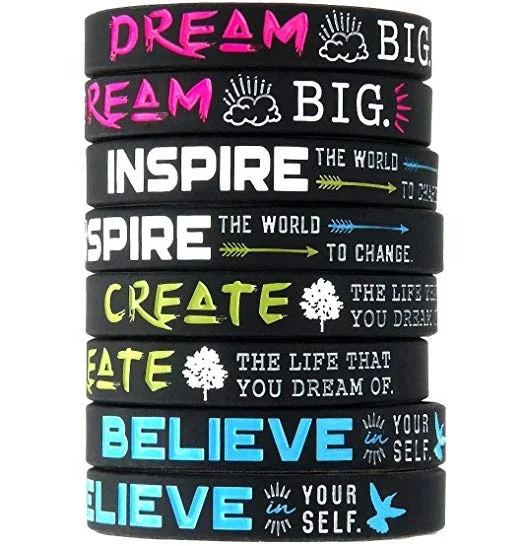 

BACK TO SCHOOL Bracelet Dream Believe Inspire Create Silicone Wristbands Wholesale Bulk Pack of Inspirational Message Bracelets, Pantone color
