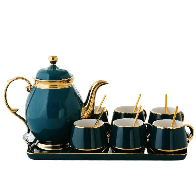 

Nordic Style Gold Rim Ceramic Porcelain Luxury Tea Cup Set With Handle British Tea Pot Set Ceramic Coffee &Tea Sets, Green+gold