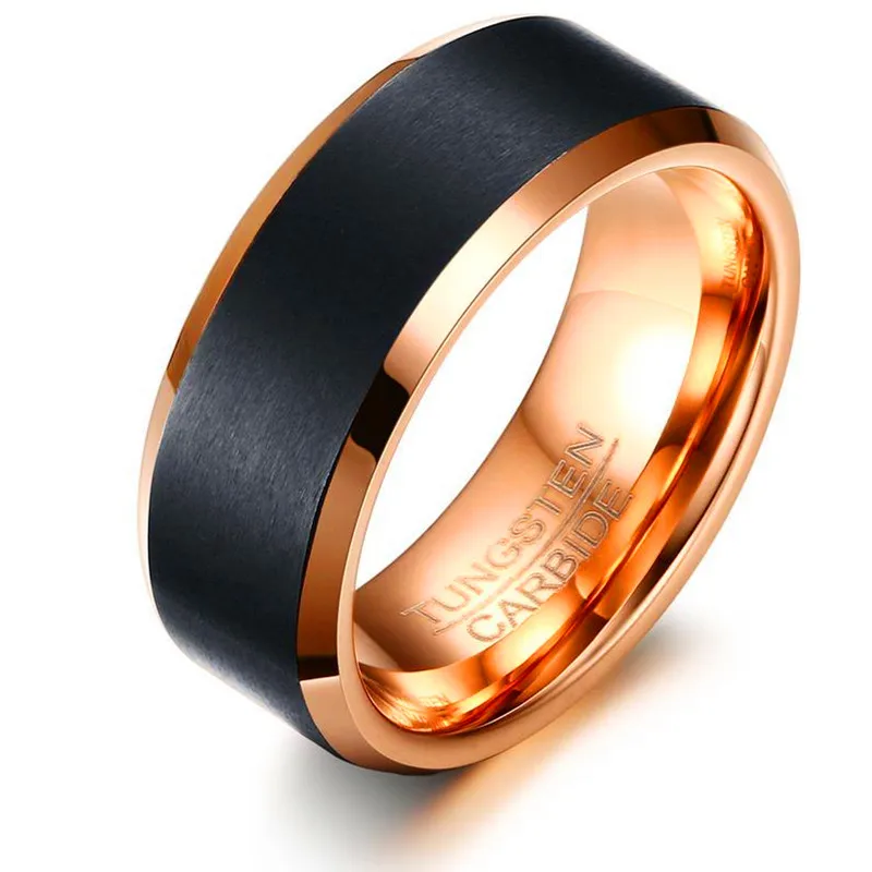 acabado cepillado Corato Anillo de boda de carburo de tungsteno negro de 8 mm con ranura de oro rosa 72 tamaño 49