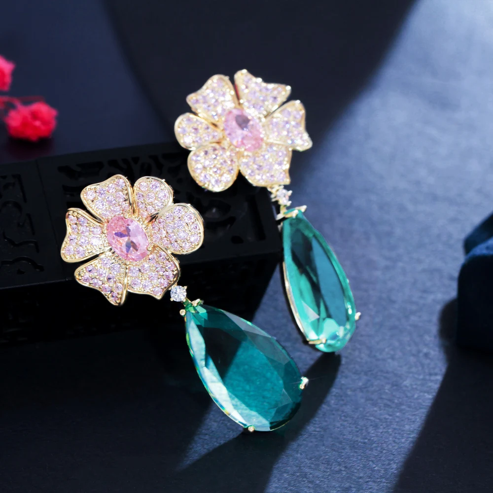 Beautiful Elegant Pink Cubic Zirconia Dangle Drop Big Long Flower Party Earrings for Women Wedding Jewelry Gift