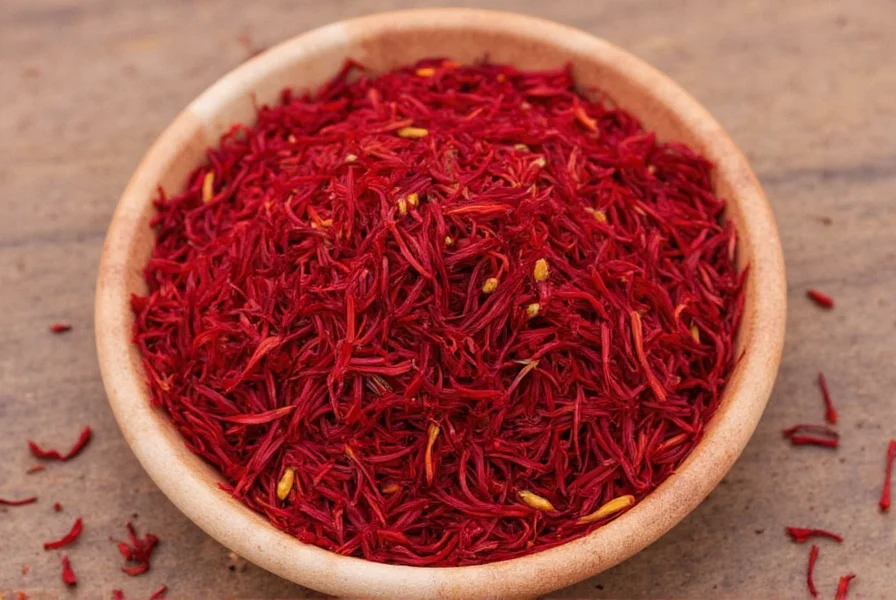 Close-up photograph of saffron threads showing deep red color with orange tips against white background, highlighting the distinctive appearance of high-quality saffron
