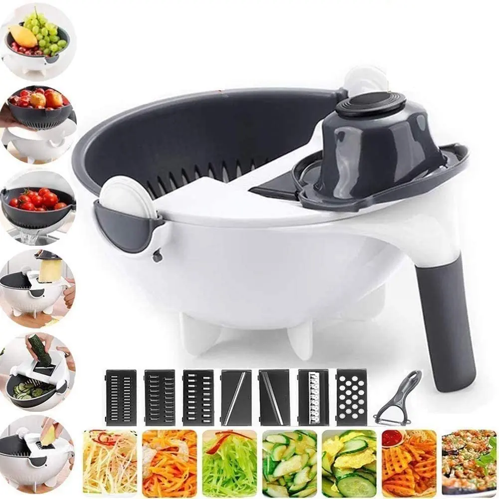 

9 In 1 Multifunction Vegetable Cutter With Drain Basket Magic Rotate Vegetable Slicer Portable Chopper Grater Kitchen Supplies, White
