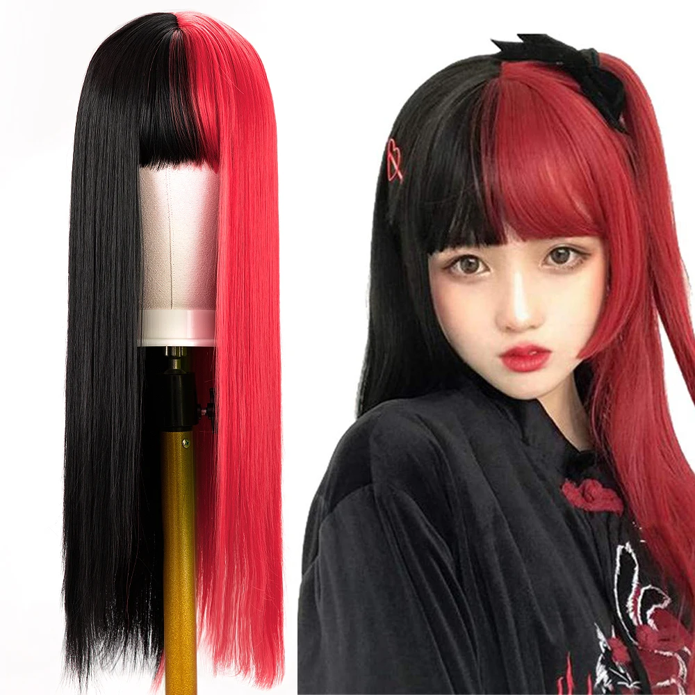 

Hot Selling Red And Black Color Middle Part Wig With Bangs Colorful Ombre Long Straight Halloween Cosplay Wig For Girls, 11 colors