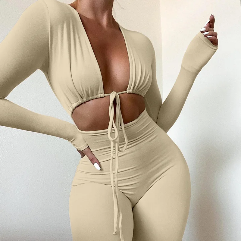 

M68049 - body con fashion casual long sleeve drawstring hollow out women jumpsuits