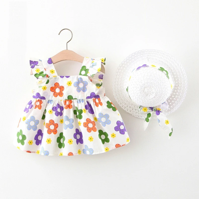 

2021 New Arrival Kids Girls Flowers Straw Hat Dress Summer Sweet Beach Dress