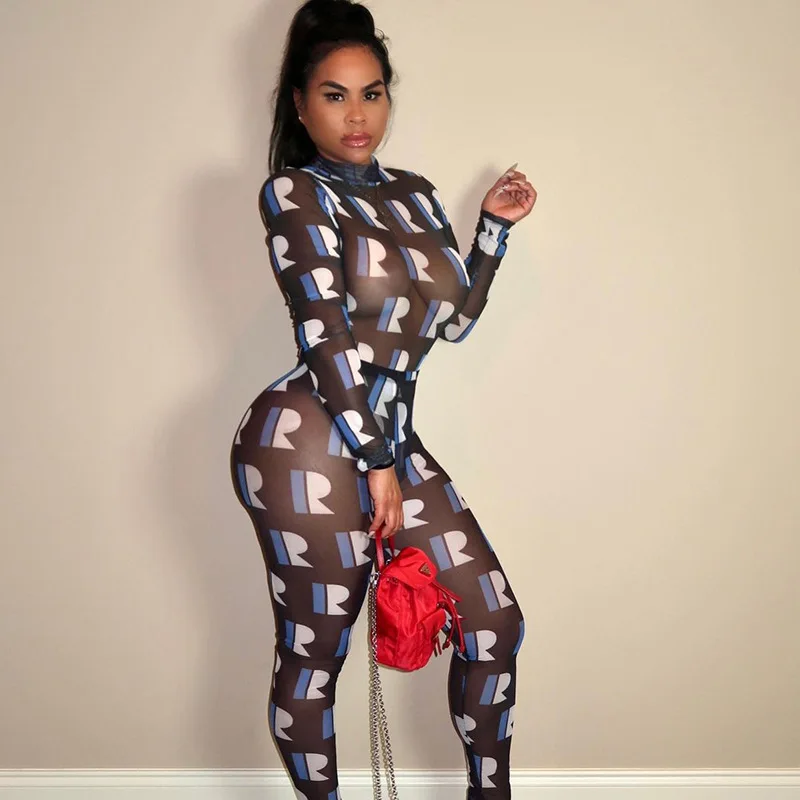

In Stock Women's outfit letter print mesh long sleeve bodycon bodysuits and pant two piece set