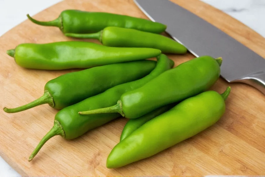 Close-up photograph of fresh Ortega peppers showing their elongated shape and vibrant green color on a wooden cutting board with kitchen knife