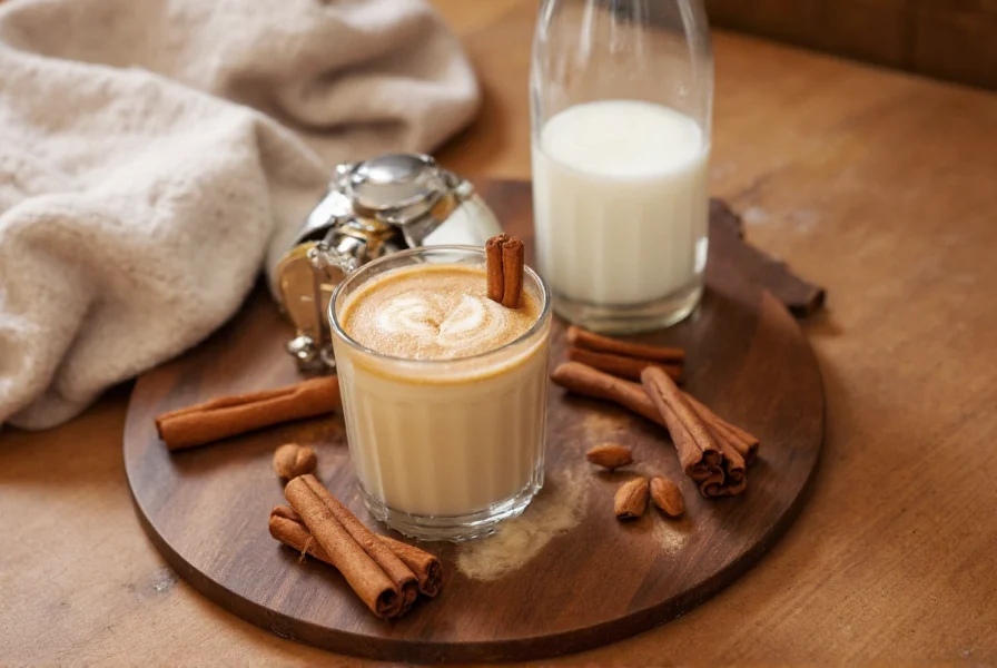 Homemade cinnamon dolce latte preparation showing espresso, milk, and cinnamon ingredients arranged on a wooden table