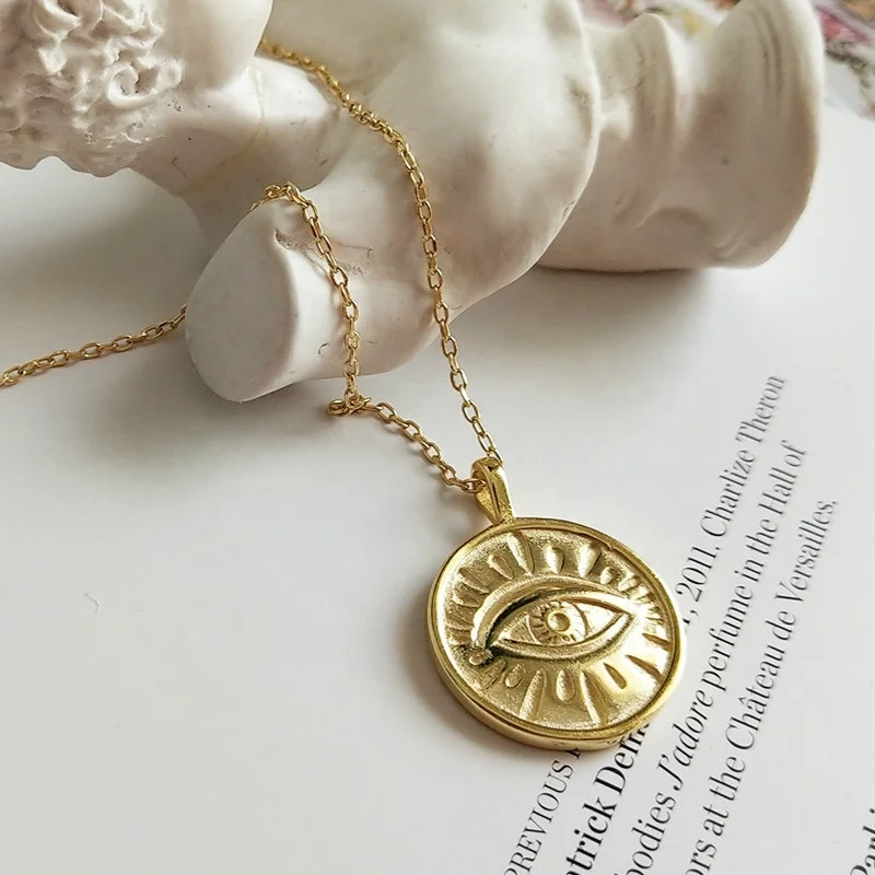 

Turkish style round roman 925 sterling silver 18k gold plated evil _ eye coin necklace woman