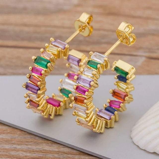 

Luxury Female Crystal Zircon Stone Earrings Fashion Copper CZ Gold Rainbow Jewelry Romantic Boho Stud Earrings For Women Girls, Colorful