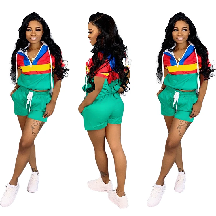 

Yuehui Wholesale women's hoodie casual sports short-sleeved contrast stitching shorts suit