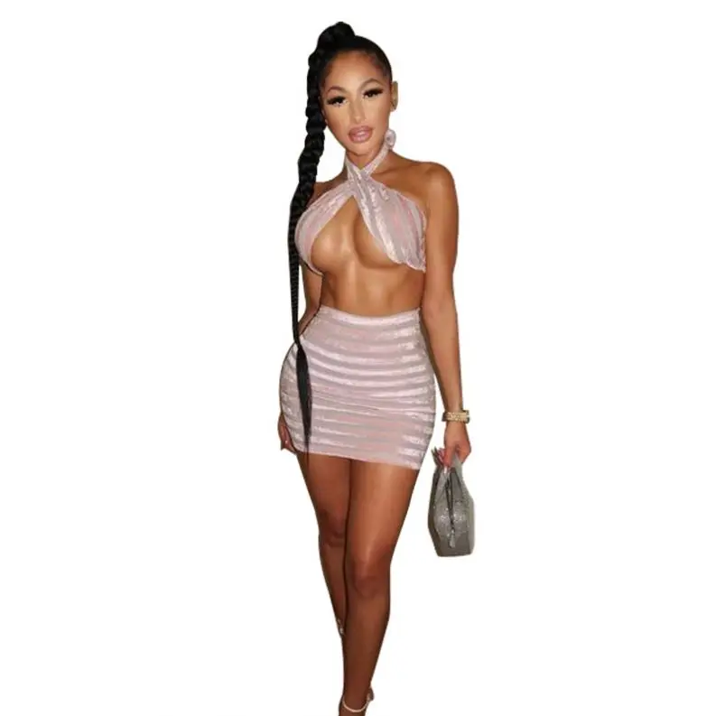 

FREE SAMPLE JHTH New Women Casual Dresses Velvet Skirt Set Halter Sleeveless Sexy Crop Tank Top Dress Sexy Clothing Fashion 2021