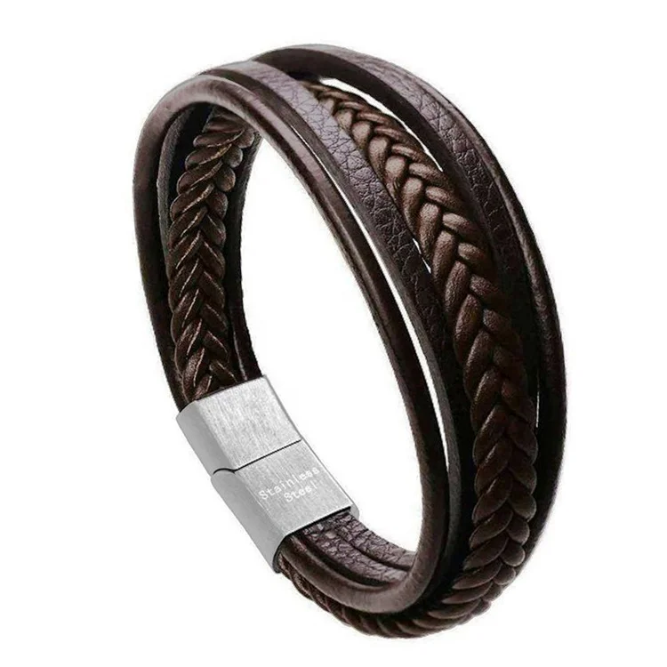 

Custom Mens Braided Leather Bracelet for Men Bangle Wrap with Stainless Steel Magnetic Clasp