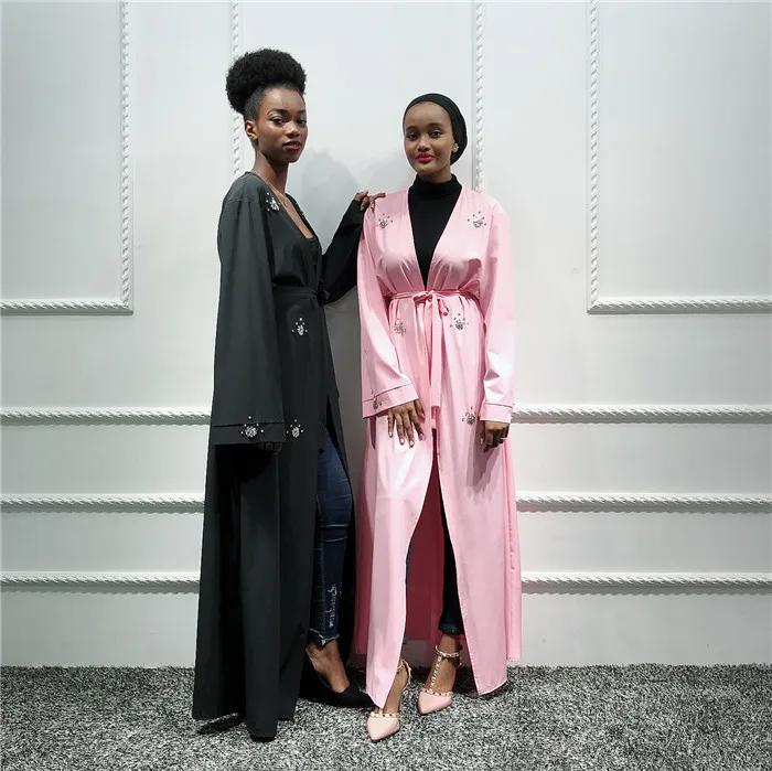 

New abaya designs in black stone islamic women clothing muslim front open abaya, Black, pink