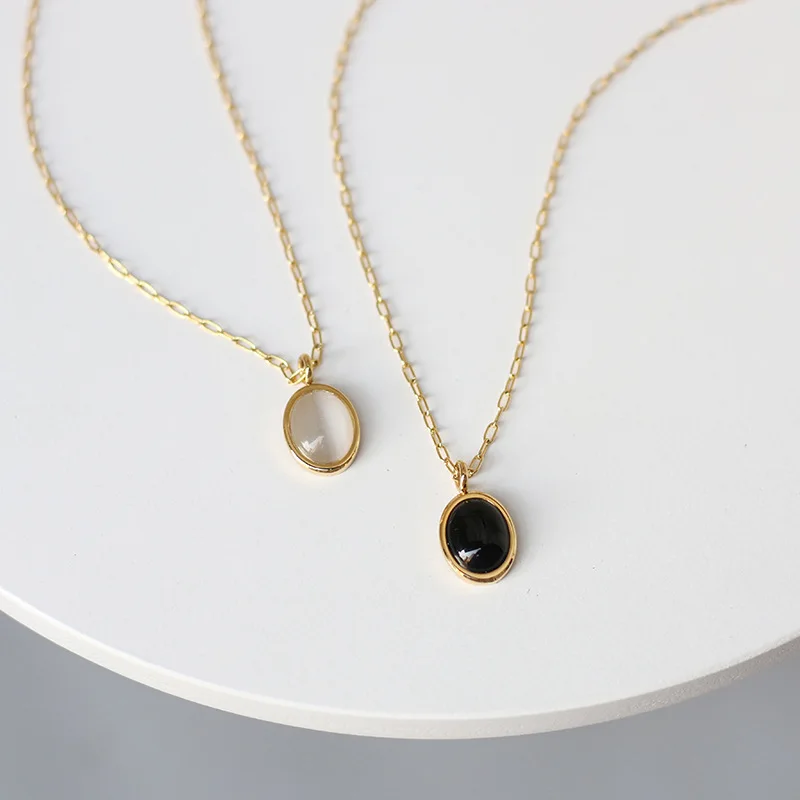 New design fashionable Glossy Oval Black Agate Opal Gemstone Pendant Necklace