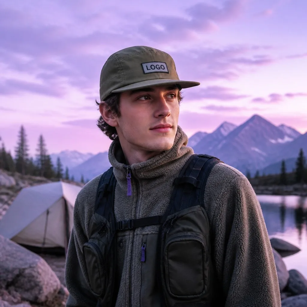 Young Camper in Front of Alpine Lake and Tent at Sunset Wearing Olive Green 5-Panel Cap