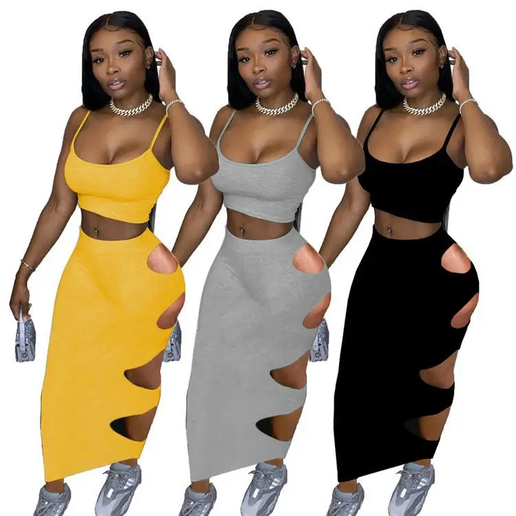 

OSINA Sespenders Crop Top Hole 2 Piece Skirt 2021 Women Clothes Summer Outfits Fashion Two Piece Skirt Set