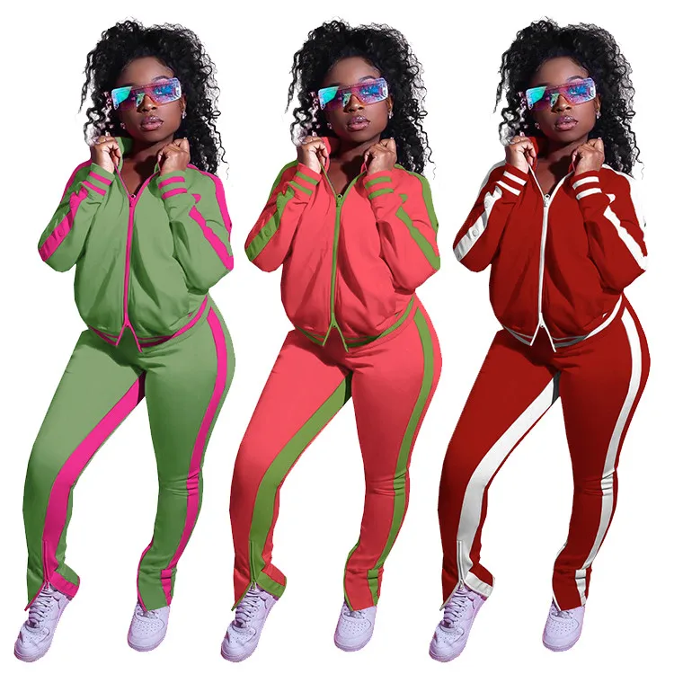 

Fashion 2 PCS Jogging Tracksuits Patchwork Striped Slit Pants Winter Women Two Piece Set
