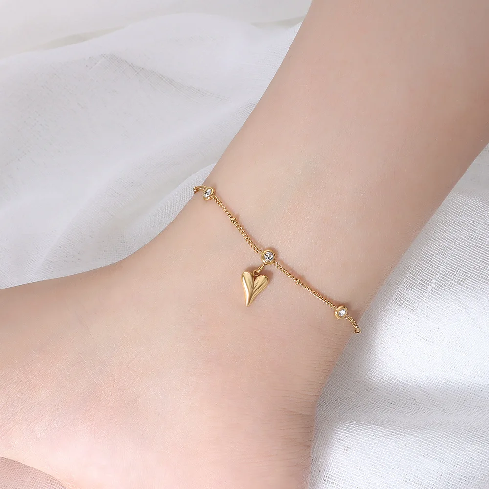 

Dainty 18k pvd gold plated Non tarnish free waterproof heart cz crystal stainless steel anklet