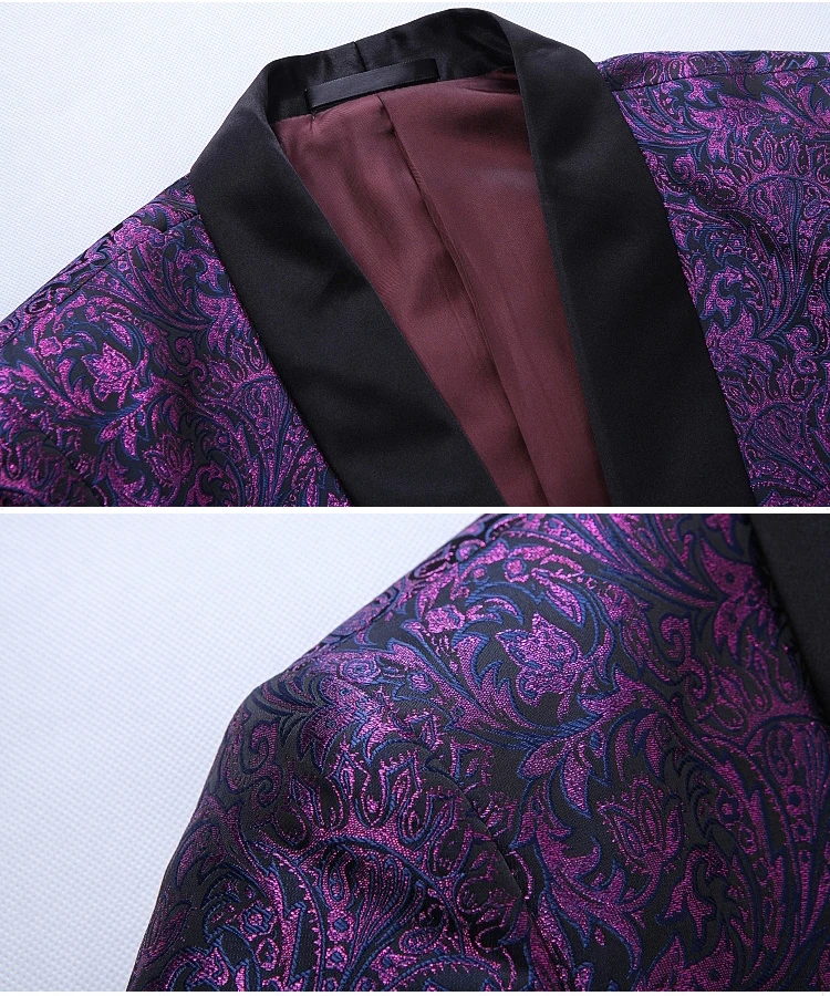Purple Paisley Floral One Button Suits Jacket Pants Men Stage Party Wedding Groom Suit