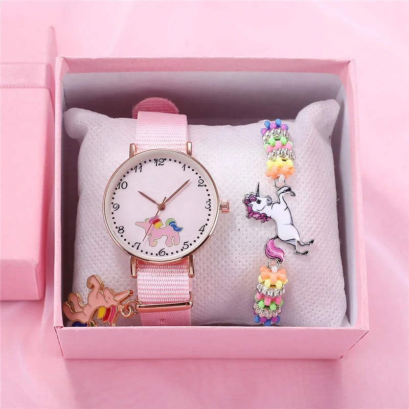 

2pcs/set gift set for kids unicorn flamingo pink strap quartz watch kids charm bracelet for student jewelry set