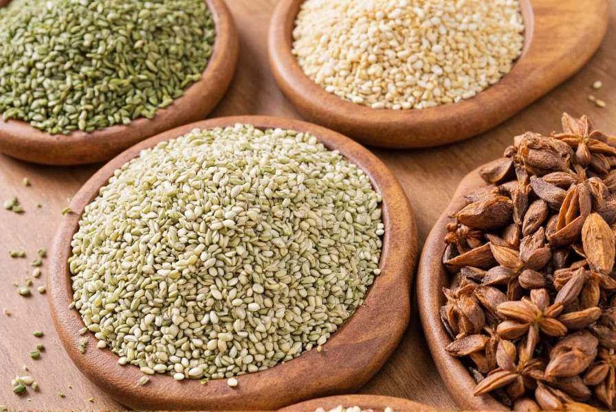 Close-up of various caraway seed substitutes including dill seeds, fennel seeds, and anise seeds arranged in small bowls