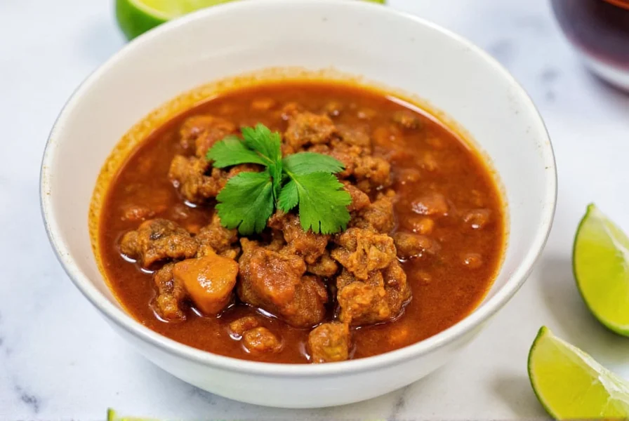 Finished pork chili verde served in bowl with cilantro garnish and lime wedges