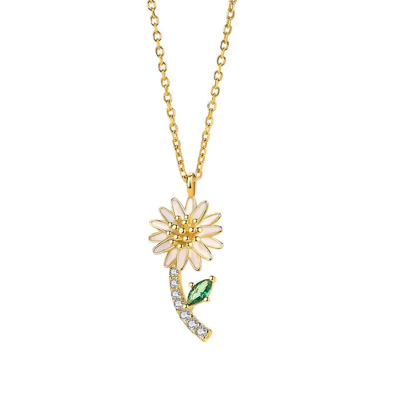 

New Arrival 14K Gold Plating Adjustable Chain Daisy Flower Pendant Necklace Shining 925 Sterling Silver Crystal Flower Necklace