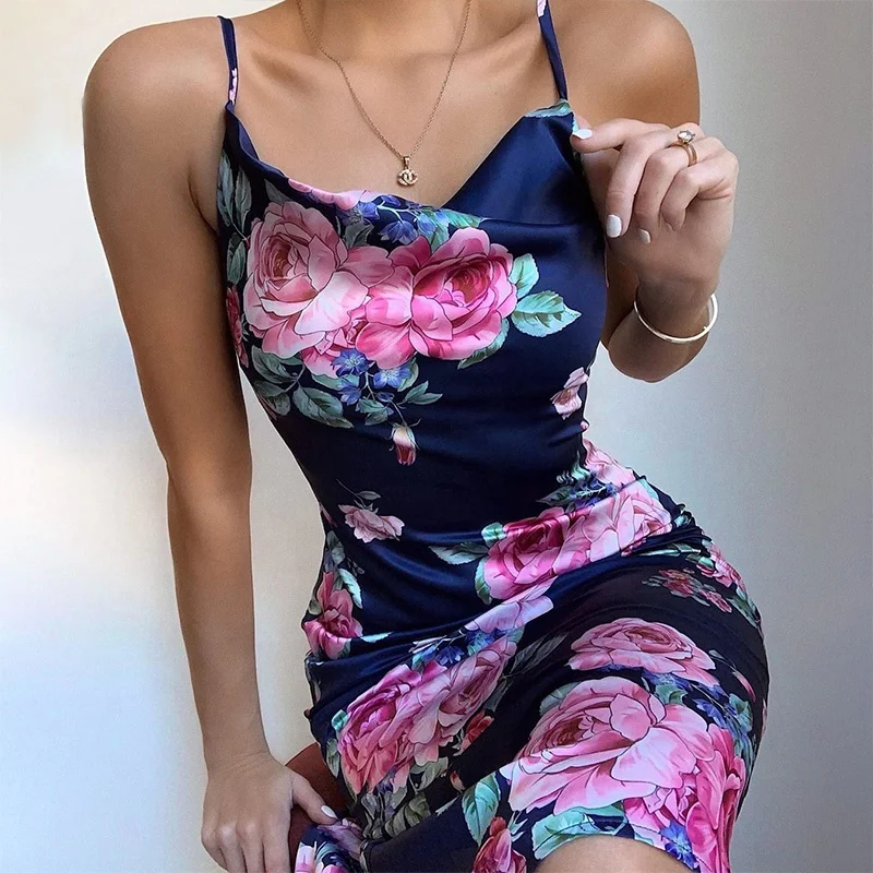 

Hot selling new arrivals 2020 winter dresses women flower pattern satin sexy breathable evening party dresses women ladies, Blue