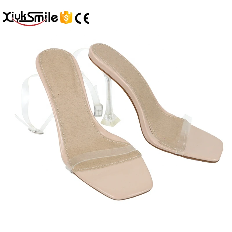 

Hot selling new women's shoes fashion all-match nude color one word strap sandals crystal high heels women's shoes