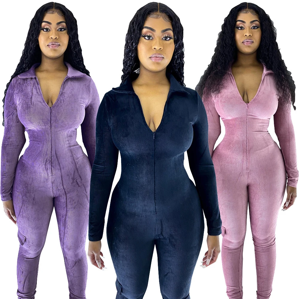 

Wholesal Sexy Velvet Corduroy Zipper Sweatants Leggings One Piece Jumpsuit Tracksuits For Women, 3 colors