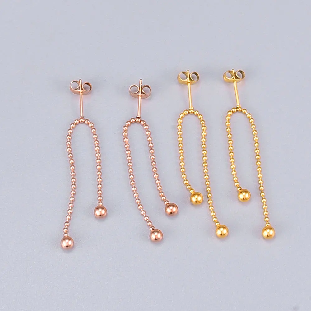 

Vintage Stainless Steel Mini Beads Chain Stud Earrings 18K Gold Plated Bead Tassel Stud Earring For Women Girl