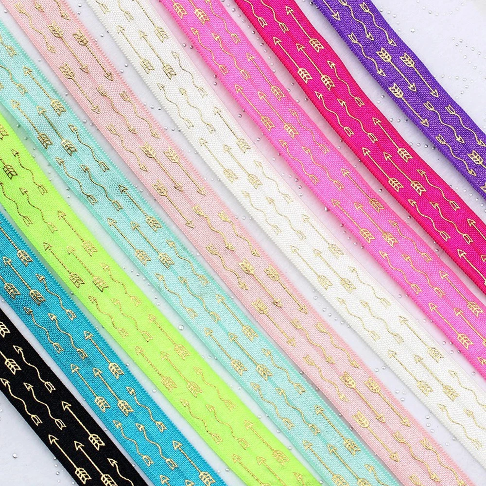 

16mm Gold Arrow Foil Printed Fold Over Elastic Ribbon For Hair Tie Hair Accessories, 9 colors