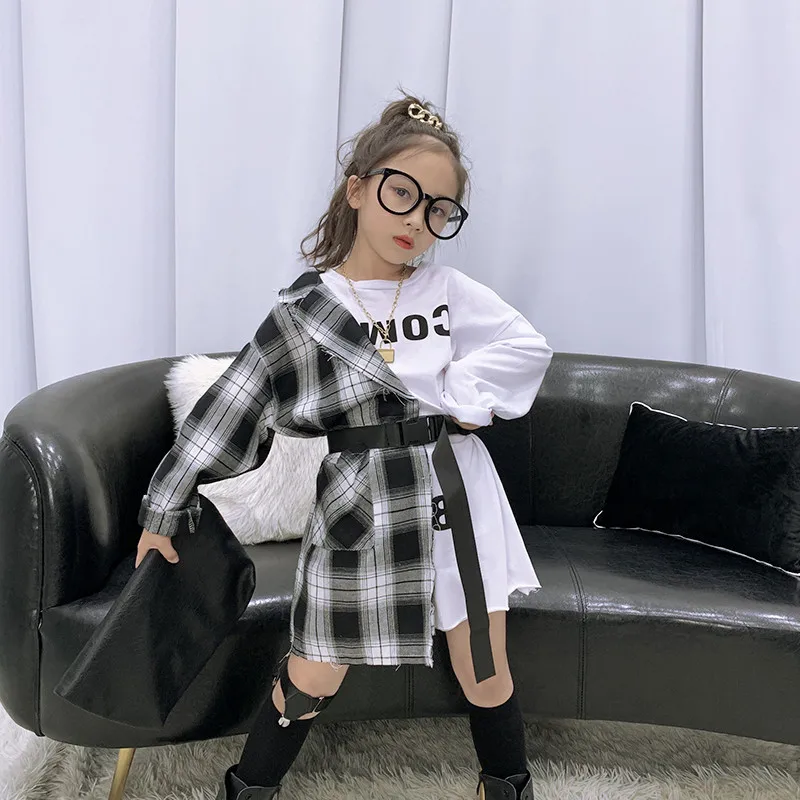 

2020 New Autumn White Plaid Patchwork Letter Dress Shirt with Belt for 4-9T Fashion Children Clothing