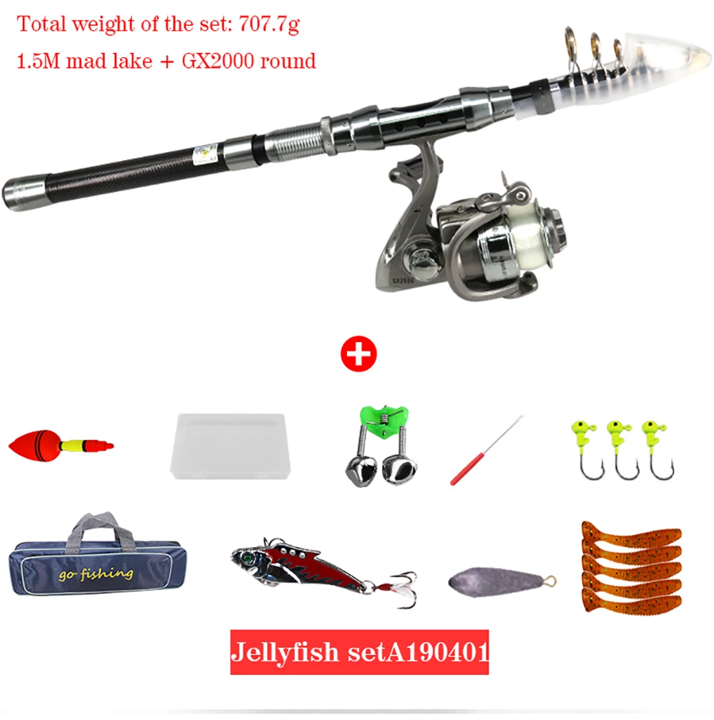 

2.1m Telescopic Fishing Rod +Spinning Reel Combos Fishing Reel Hard Soft Lure Bag Sets Kit For Travel Fishing