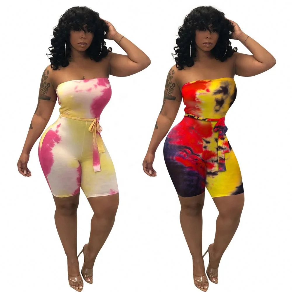 

2020 summer clothing off shoulder rainbow tie die belted one piece bodycon ladies outfit onesie short romper jumpsuit