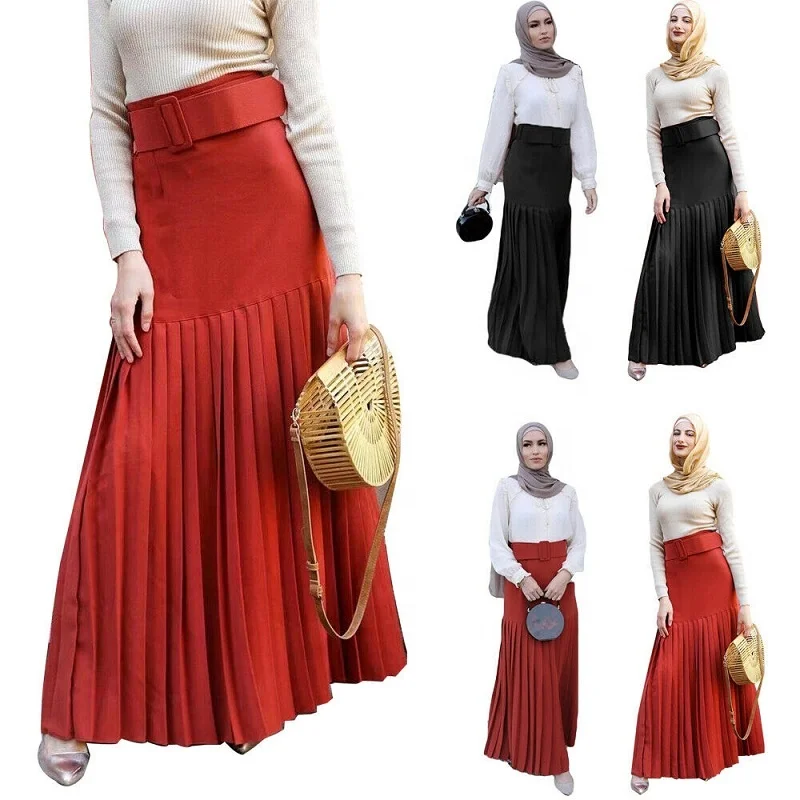 

Muslim women flared pleated slim long maxi skirt belt dress, Orange red, black