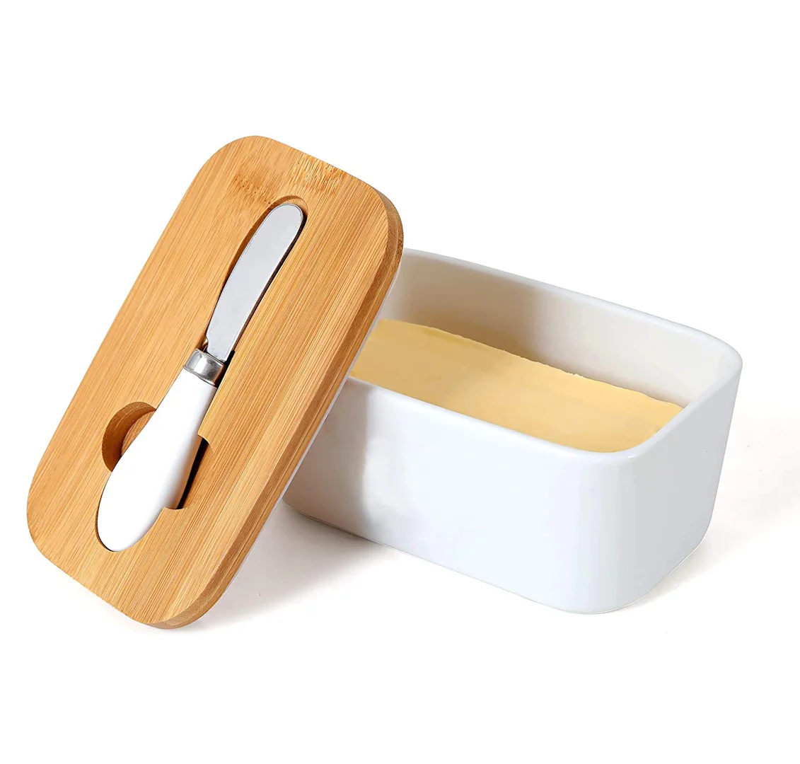 

Wholesale Porcelain Butter Box Container with Bamboo Lid Knives Ceramic Cheese Box, White