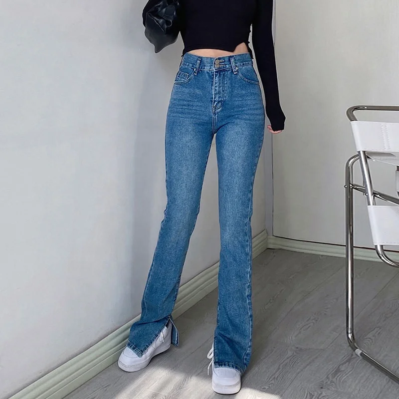 

Womens Wide Leg Jeans Ladies 2021 Brand Trendy Quality Multi-Color High Rise Vintage Denim Slit Pants Slim Fit Boot Cut Jeans, Blue / light blue / gray